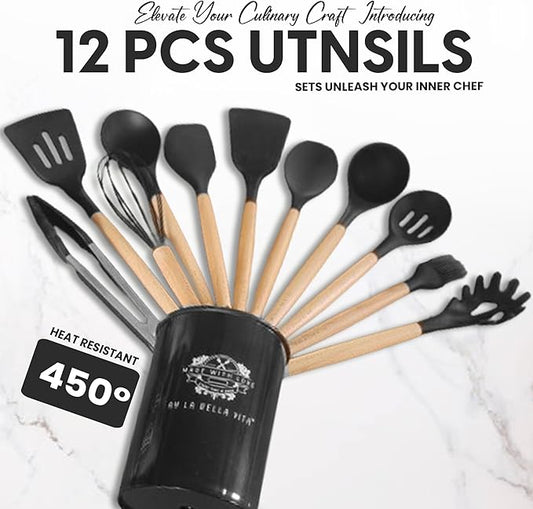Silicone Utensil Set, 12 PCS Wooden Handle Nontoxic BPA Free 100% Food Grade Silicone Spoon Spatula Ladle Turner Tongs Kitchen Gadgets Utensil Set for Nonstick Cookware (Black)