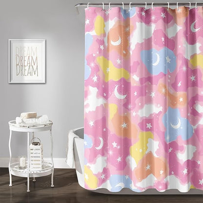 AILONEN Pink Galaxy Shower Curtain,Star and Moon Theme Bathroom Shower Curtain for Girls Kids Teens, 72" W*84" H Colorful Starry Sky Shower Curtain for Bathroom