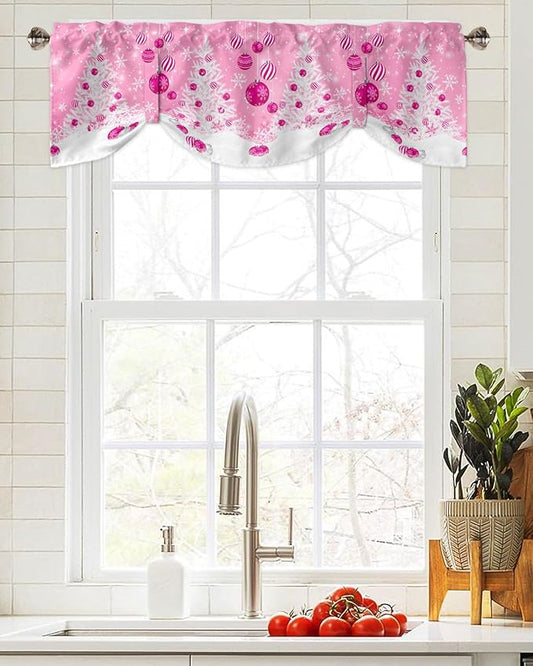 Pink Christmas Blackout Tie Up Valance Curtains for Kitchen Windows White Xmas Tree Snowflakes Pink Balls Window Toppers Balloon Shades for Living Room/Bathroom/Bedroom,1 Panel, 60" X 18", Winter