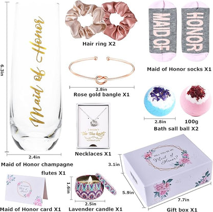 Maid Of Honor Proposal Gifts Set-Will You be My Maid Of Honor Gift Box, Wedding Engagement Gifts,Bachelorette Party Bridal Showers gifts,Maid Of Honor Bracelets, Necklaces And Socks ,Rose Spa Gifts