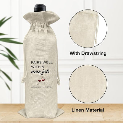 HOIJAUMAI New Job Gift Wine Bag, Going Away Gifts for Coworker Friends Women Men, Farewell Gift for Coworker, Pairs Well with a New Job Burlap Drawstring Wine Bag