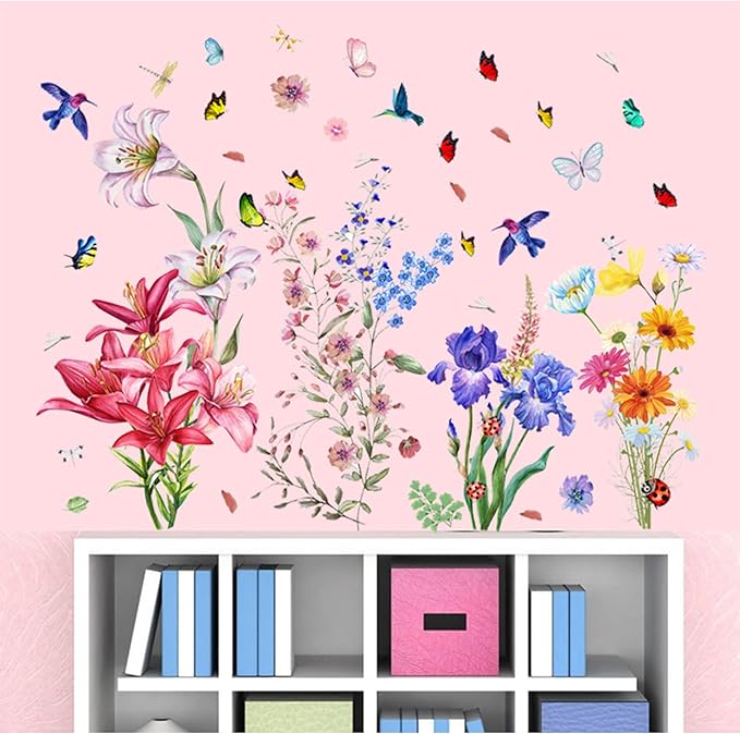 Garden Flower Wall Decals Lily Daisy Butterfly Dragonfly Bird Wall Stickers, Spring Window Clings for Glass Windows Living Room Bedroom Kitchen Wall Decor