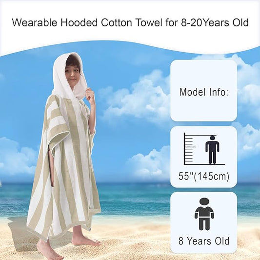 VOOVA & MOVAS Hooded Beach Towel for Big Kids | Large (8-16Years) Soft and Absorbent Cotton Poncho Towel Robe for Pool, Swim, and Bath, Tan Cabana Stripe