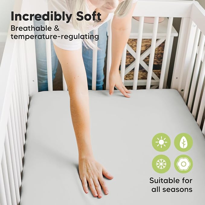 Pack and Play Sheets Fitted, 2-Pack Mini Crib Sheets - Pack N Play Sheets, Organic Fitted Crib Sheet for Pack and Play Mattress, Playard Baby Crib Sheets, Crib Sheets Neutral for Boys (French Gray)