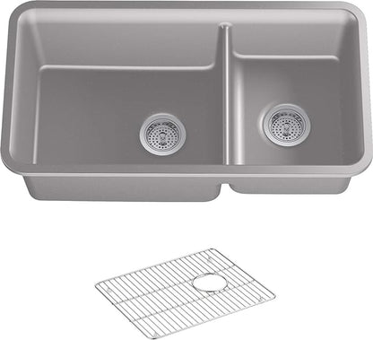 KOHLER K-8204-CM4 Cairn Sink, 33" Neoroc Composite Undermount Double-Bowl Kitchen Sink, Composite Kitchen Sink with Sink Rack, Matte Grey