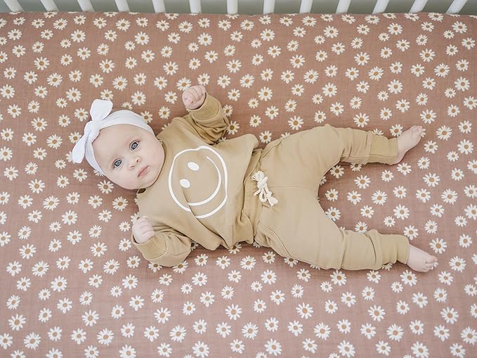 Daisy Dream Muslin Crib Sheet by Mebie Baby, Soft and Breathable Bed Sheets for Babies, Modern Neutral Bedding for Cribs, Standard Crib Mattress Fitted Sheet, Great for Boy or Girl Room or Nursery