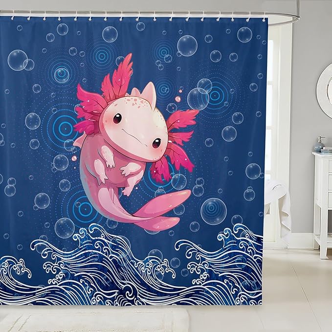 Feelyou Cute Axolotl Fabric Shower Curtain Cartoon Salamander Shower Curtain for Kids Blue Ocean Bathroom Waterproof Accessories with 12 Hooks Sea Animals Curtains,72X84 Inches