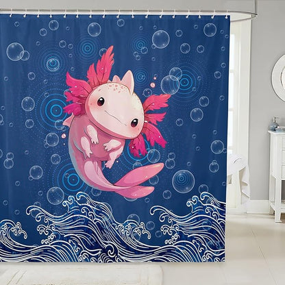 Feelyou Cute Axolotl Fabric Shower Curtain Cartoon Salamander Shower Curtain for Kids Blue Ocean Bathroom Waterproof Accessories with 12 Hooks Sea Animals Curtains,72X84 Inches
