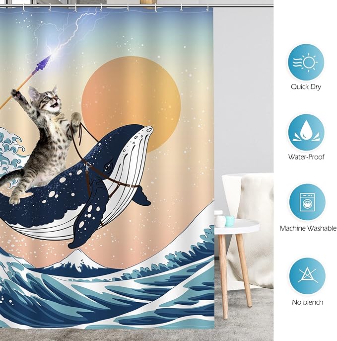 Aimego Funny Shower Curtain Brave Cat Holding Trident Arrow Riding Shark in Ocean Wave, Whale Cat Shower Curtain Set with 12 Hooks for Bathroom Decor Accessories Bathtub Curtain, 72"x72"