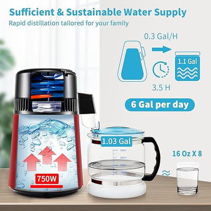 VEVOR 1.1Gal Water Distiller, 0.3Gal/H, Distilled Water Maker Machine 750W 0-99H Timing Dual Temp Display, 304 Stainless Steel Countertop Distiller Glass Carafe Cleaning Powder 3 Carbon Packs, Red