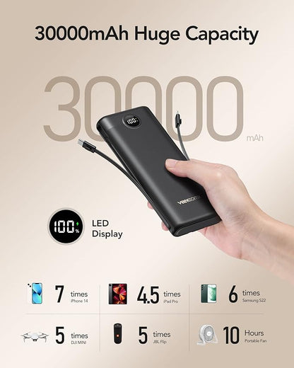 VEEKTOMX Power Bank 30000mAh, 22.5W Fast Charging Portable Charger built in cables, USB C Battery Pack, External Travel Battery Bank Compatible with iPhone, Samsung, Android Devices for Travel(1 Pack)