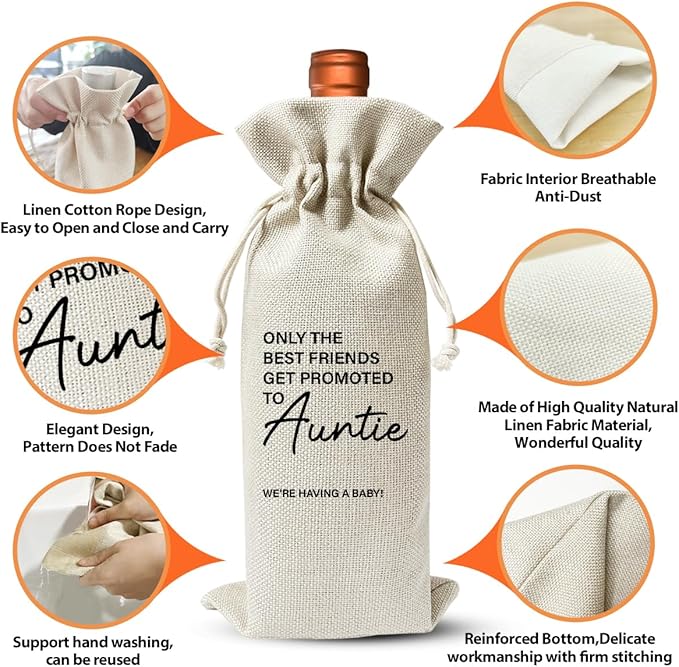 EUFJDKSL Pairs Well With Becoming Auntie Wine Gift Bag, New Aunt for Baby Announcement, Wine Bag for Pregnancy Announcement, Cotton Linen Wine Gift Bag With Drawstring