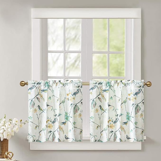 Leeva Kitchen Curtains 24 Inch Length Set, Green Bird Light Filtering Window Curtain Panels for Small Window Living Room Bathroom, 29 x 24 Inch, Rod Pocket