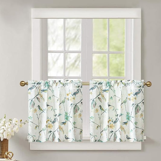 Leeva Kitchen Curtains 24 Inch Length Set, Green Bird Light Filtering Window Curtain Panels for Small Window Living Room Bathroom, 29 x 24 Inch, Rod Pocket