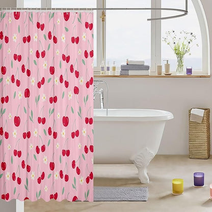 Feelyou Cherry Fabric Shower Curtain Fruits Shower Curtain for Kids Boys Girls Green Leaves Bathroom Waterproof Accessories with 12 Hooks Pink and Red Curtains,72X72 Inches