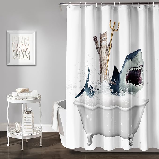 AILONEN 3D Bathtub Shark Shower Curtain for Kids 180 * 200 Inch,Cat Riding Shark in a Bathtub Shower Curtain,12 Pack Hooks Polyester Waterproof Fabric Decor for Bathroom Bathtub Panels