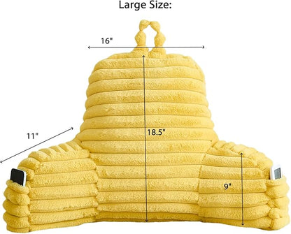 Faux Fur Fluffy Yellow Reading Pillow with Pockets, Luxury Striped Plush Decorative, Arm Rests and Back Surport for Bed Rest, Lounging on Sofa, Large