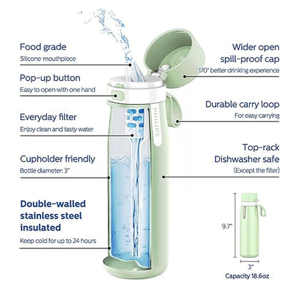 PHILIPS Filtered Water Bottle, Insulated Stainless Steel Water Purifier Bottle for Daily Life & Travel, BPA Free with GoZero Everyday Filter for Cleaner Tastier Tap Water, Keeps Cold, 18.6 oz Green