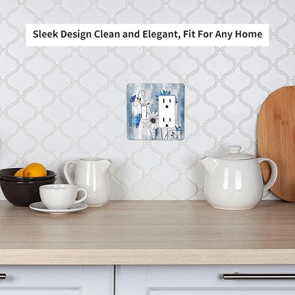 Rustic Teal Blue Daisy Floral 2 Gang Single Toggle Rocker Combination Light Switch Covers Wall Plate Cover Electrical Faceplate Decorative Switchplate for Country Bathroom Bedroom Kitchen Decor
