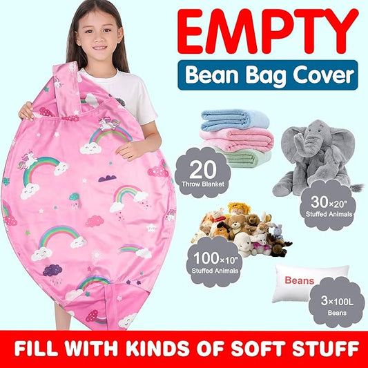 Lukeight Unicorns Stuffed Animal Storage Bean Bag Chair Cover for Kids, Unicorns Zipper Beanbag Chair Cover for Organizing Toddler and Kids' Rooms Plush Toys (Rainbow Pink, XX-Large)