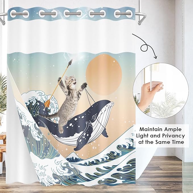 Funny Whale Cat No Hook Shower Curtain with Snap in Liner, Ocean Wave Sea Blue Orange Bath Curtain with Double Layers Waterproof Fabric and Mesh Top Window 71x74 Inch