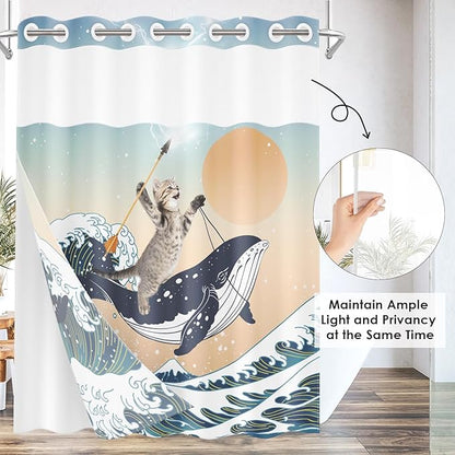Funny Whale Cat No Hook Shower Curtain with Snap in Liner, Ocean Wave Sea Blue Orange Bath Curtain with Double Layers Waterproof Fabric and Mesh Top Window 71x74 Inch