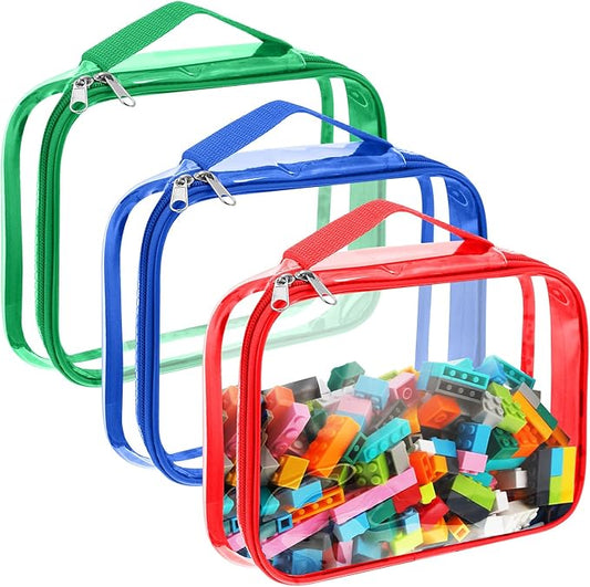 Sanwuta 3 Packs Toy Storage Bags with Zipper, Clear PVC Organizing Bags, Waterproof Toy Bags for Board Games, Building Blocks, Toys and Kids Books (Red, Blue, Green,10.24 x 7.09 x 2.36 Inch)
