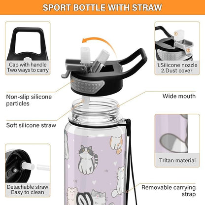 Personalized Custom Water Bottle with Straw Cute Cat Purple Sports Bottles BPA-Free Tritan Heart Water Jug with Carrying Strap for Gym Office Outdoor Sports