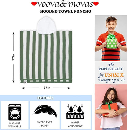 VOOVA & MOVAS Teens Hooded Towel Poncho | Soft, Absorbent Cotton Towel Robe | 8-16Years | Versatile for Pool, Swim,Beach and Bathroom | Hunter Green Cabana Stripe