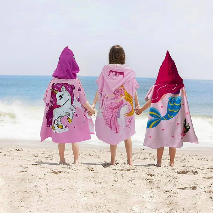 Hooded Kids Beach Towels - Toddler Bath Towel Girls Boys Swim Cover-ups for Ages 4 to 10 Kids Pool Towels Quick Dry Lightweight Soft Microfiber Poncho 30x30 with Bag (Pink Unicorn)