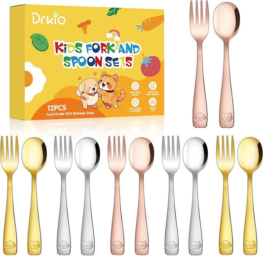 Stainless Steel Toddler Utensils Set - 12 Pieces Kids Silverware Set Children Safe Food Grade Small Forks and Spoons Dishwasher Safe Mirror Polished