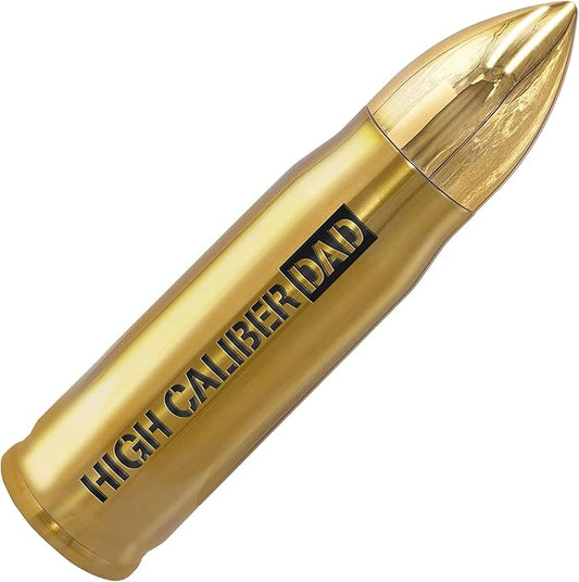 Water Bottle Gift for Dad for Christmas/Fathers Day "High Caliber Dad" Hot/Cold Insulated Stainless Steel 17oz Travel Bottle with Locking Lid (Boxed)