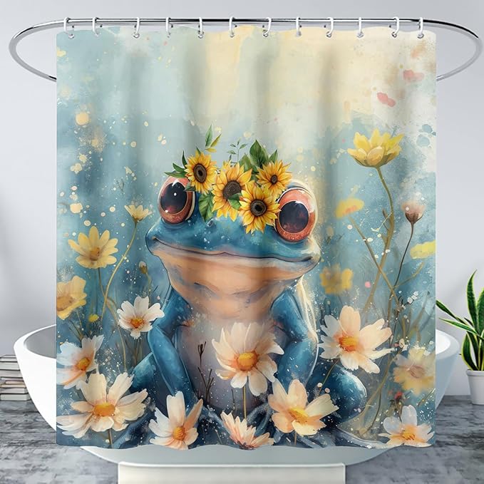 AILONEN Cartoon Frog Shower Curtain,Blue Frog with Sunflowers Polyester Cloth Bath Curtain Set for Kids Boys Girls,Amphibious Animals Shower Curtains for Bathroom,72" W*84" H