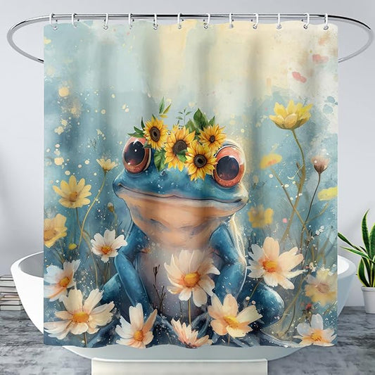 AILONEN Cartoon Frog Shower Curtain,Blue Frog with Sunflowers Polyester Cloth Bath Curtain Set for Kids Boys Girls,Amphibious Animals Shower Curtains for Bathroom,72" W*84" H