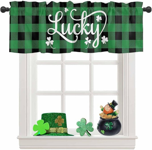 St. Patrick's Day Buffalo Plaid Kitchen Curtains Valances for Windows Lucky Shamrocks Clover Rod Pocket Window Treatment for Kitchen /Living Room/Bedroom/ Bathroom, 42" X 12", Rustic Green Black
