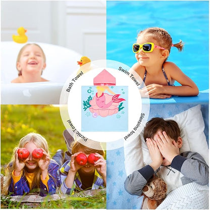 Kids Blue Mermaid Hooded Beach Towel Girls Cute Poncho Pool Towels with Hood 24*47 in Soft Microfiber Swim Cover-ups Kids Ages 3-10 Thick Absorbent Cotton Hooded Bath Towel Wrap Bathrobe