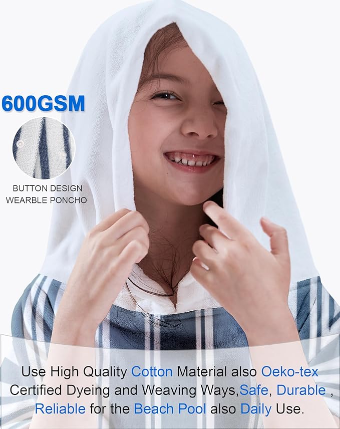 VOOVA & MOVAS Hooded Beach Towels for Boys| Girls | Teens (8-16Years), 100% Cotton Thick Poncho Towel Robe for Kids, Perfect for Pool, Beach, Bath and Gifts, Grey Cabana Stripe Design