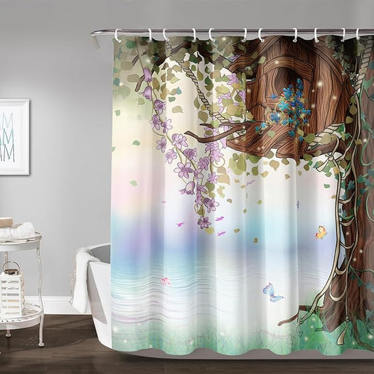 AILONEN Yellow Tree Leaves Shower Curtain,Botanical Floral Plants Vine Shower Curtain,Butterfly Floral Shower Curtain for Bathroom Decor Polyester Waterproof with Grommets and Hooks 72" W*84" H