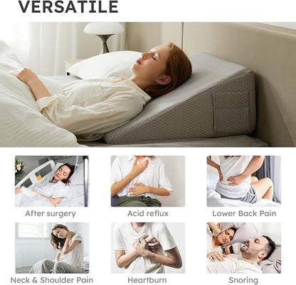 Wedge Pillow for Sleeping, 10 inch Elevated Support Bed Wedge Pillow, Breathable Triangle Pillow Wedge with Cooling Memory Foam Top - Removable Washable Cover, Grey