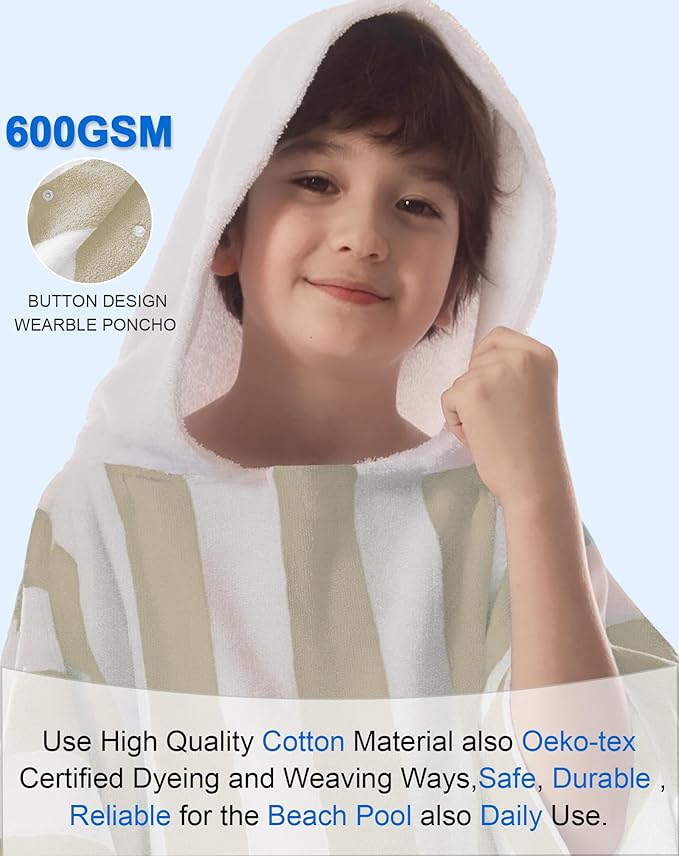VOOVA & MOVAS Hooded Beach Towel for Big Kids | Large (8-16Years) Soft and Absorbent Cotton Poncho Towel Robe for Pool, Swim, and Bath, Tan Cabana Stripe