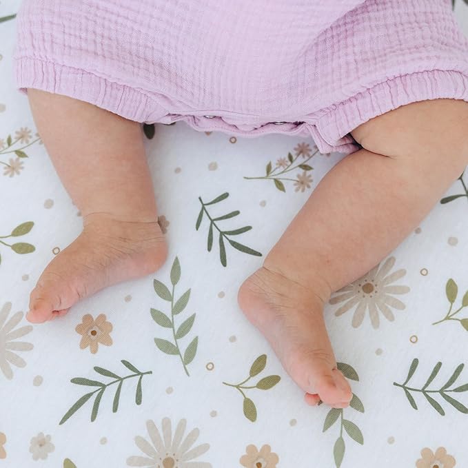 Baby Crib Fitted Sheet, 100% Cotton Knitted Jersey, Fit Standard Crib Mattresses, Fitted Crib Sheets, Super Soft, Toddler Fitted Sheet, Unisex,2 Pack,Green/Flowers, 28x52x9'