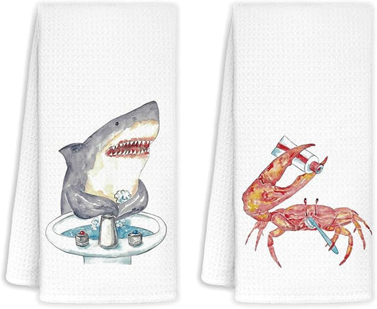 Funny Shark Crab Bathroom Hand Towels Set of 2 - Shark Bathroom Decor, Crab Decor, Wash Your Hands Bathroom Decor, Shark Gifts for Shark Lovers Women, Crab Gifts, 16x24 in