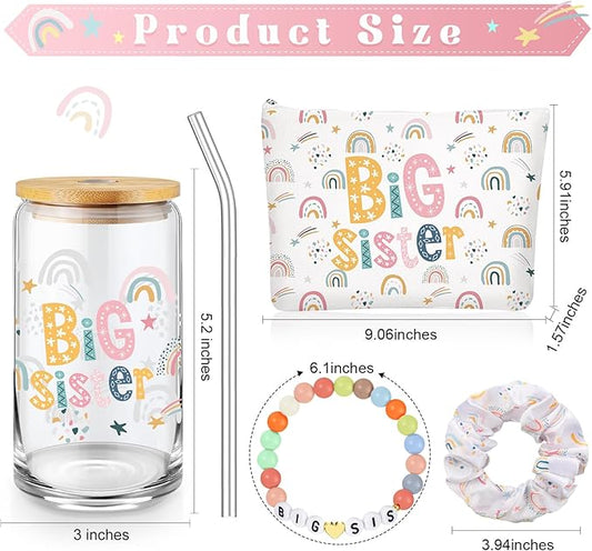 4 Pcs Big Sister Gifts for Girls Cute Big Sister 16oz Glass Tumbler Cup Makeup Bag Sister Bracelet and Scrunchies Best Sister Gift for Little Girls of New Baby Birthday Baby Shower