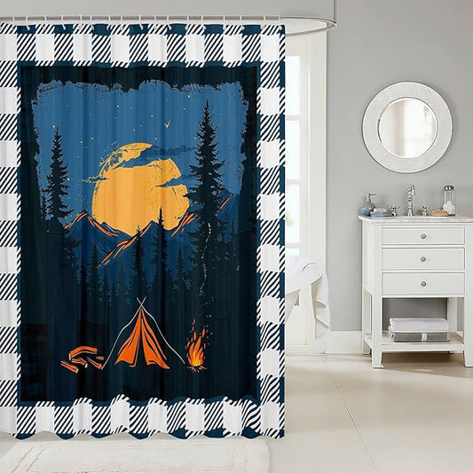 Feelyou Happy Camping Shower Curtain Rustic Farmhouse Style Fabric Shower Curtain for Kids Galaxy Bathroom Waterproof Accessories with 12 Hooks Dark Blue and White Plaid Curtains,72X72 Inches