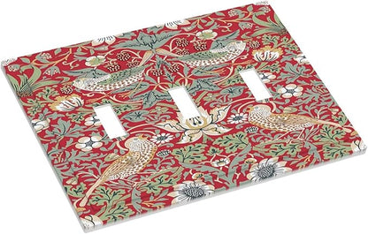 William Morris Strawberry Thief Botanical Red Green 3 Gang Light Switch Covers Triple Toggle Wall Plate Decorative Switchplate Electrical Faceplate for Country Bathroom Bedroom Kitchen Decor