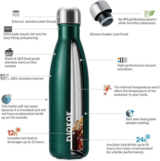 BJPKPK Insulated Water Bottles 17oz, Leak Proof Stainless Steel Water Bottle keeps Cold for 24H and Hot for 12H, BPA Free Water Bottle-Green