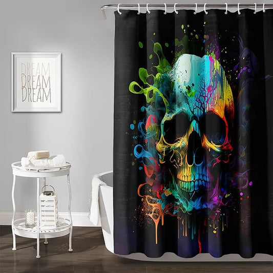 AILONEN Sugar Skull Shower Curtain for Bathroom,Watercolor Skull Bath Curtain Decoration,Minimalism Tie Dye Skeleton Print Waterproof Black Curtain with 12 Plastic Hooks, 72" W*84" H