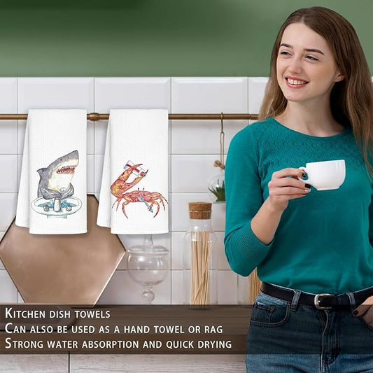 Funny Shark Crab Bathroom Hand Towels Set of 2 - Shark Bathroom Decor, Crab Decor, Wash Your Hands Bathroom Decor, Shark Gifts for Shark Lovers Women, Crab Gifts, 16x24 in