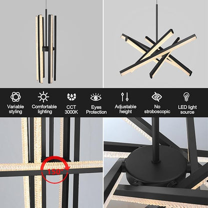 Kinglong Black Chandelier【Upgraded】,Modern Chandelier 6-Lights,Dimmable Acrylic LED Chandelier Lighting Fixture for Dining Room,Living Room,Bedroom,Entryway,Kitchen Island(L:20.07",W:17.32")