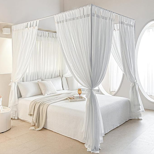AIKASY Canopy Bed Board with Top and Self-Adhesive Velcro Strips, White Gauze Princess Bed Canopy Curtain Tent, Creating a Romantic Atmosphere in The Room（Full/Queen，White）
